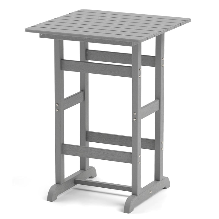 Gray square bar table with slatted tabletop and cross-braced legs