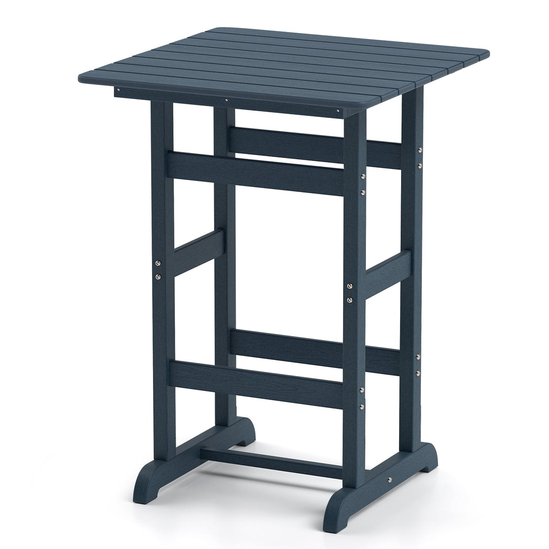 Dark blue square bar table with slatted tabletop and X-style side supports