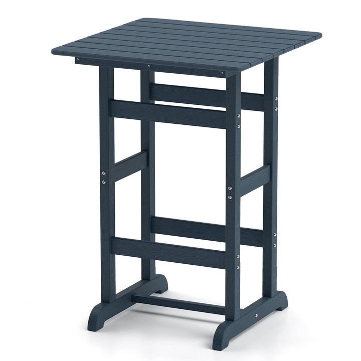 Dark blue square bar table with slatted tabletop and X-style side supports