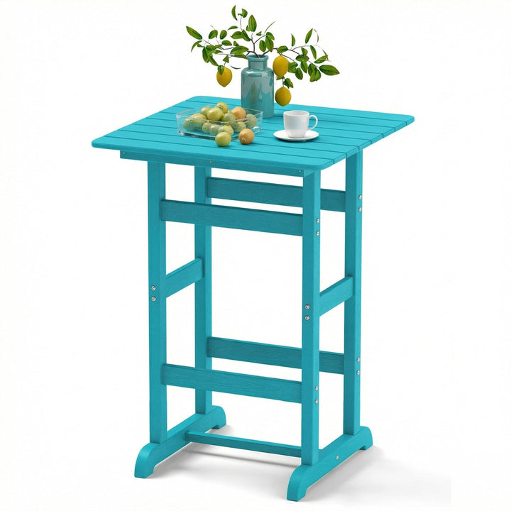 Turquoise square bar table with slatted tabletop and angled side cross braces