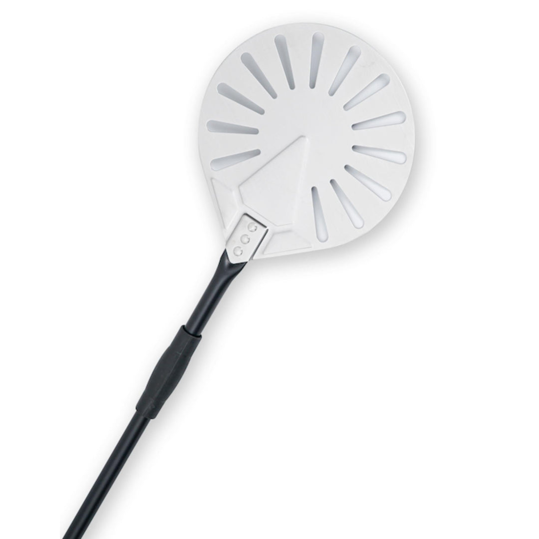9-inch round aluminum turning peel with black handle and perforated blade