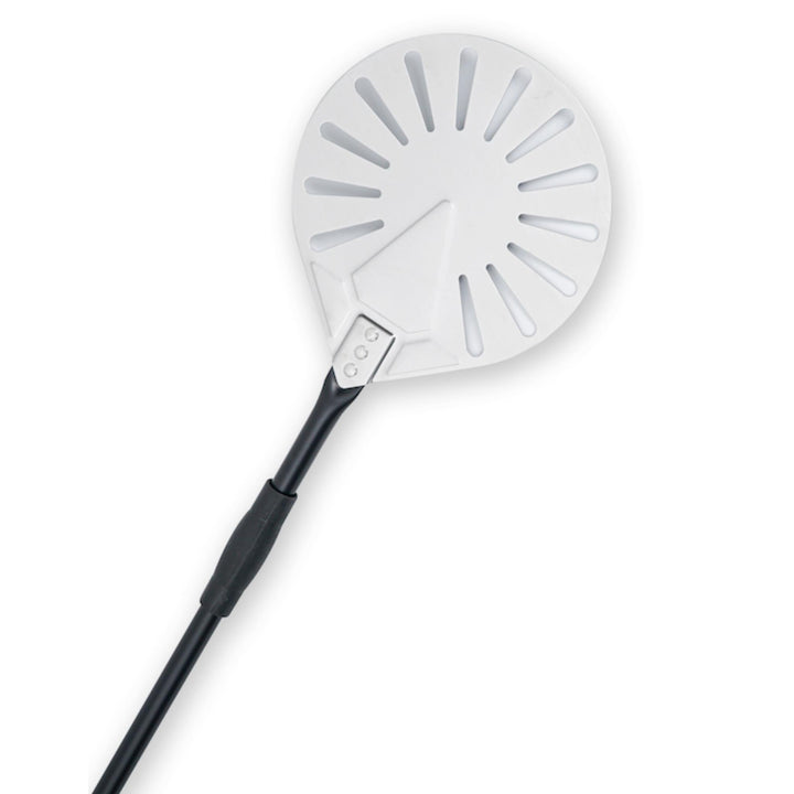 9-inch round aluminum turning peel with black handle and perforated blade