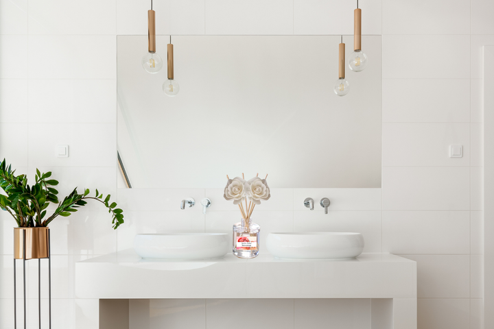Reed diffuser bottle with wooden reeds on white bathroom sink counter