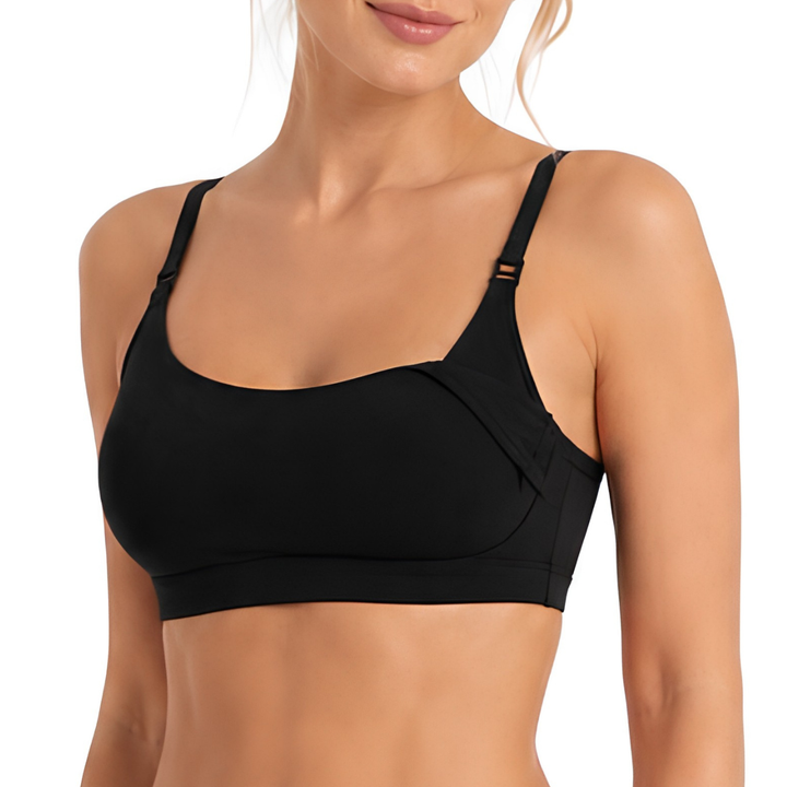 Black nursing bralette with curved seamed cups and adjustable straps