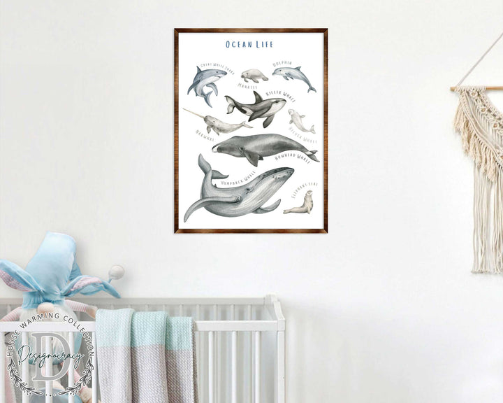 Wood-framed ocean life poster with gray sea animals in a clean layout