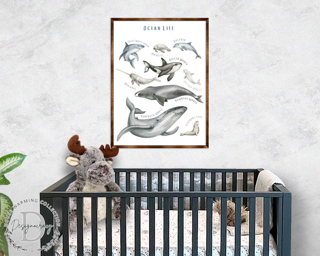 Wood-framed ocean animal poster above a dark crib, featuring dolphins and whales