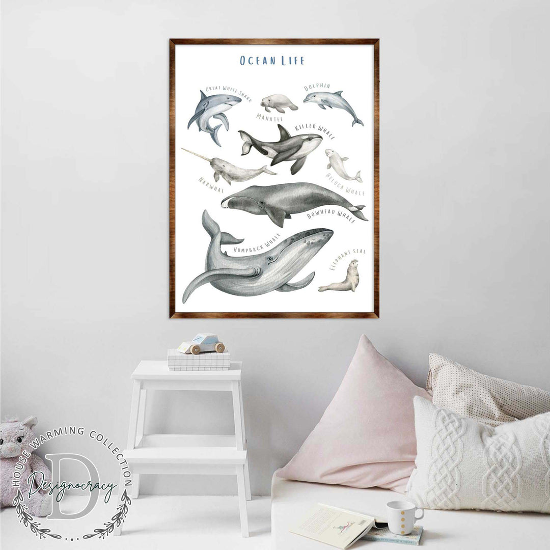 Small wood-framed ocean animal poster showing dolphins, whales, and seals