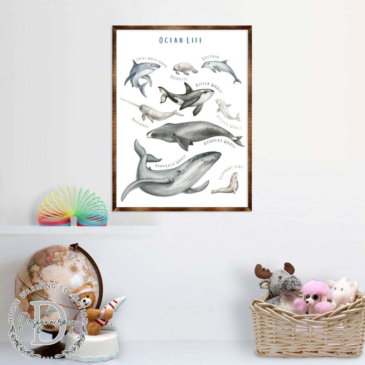 Wood-framed ocean life poster with illustrated whales, dolphins, and sea lions