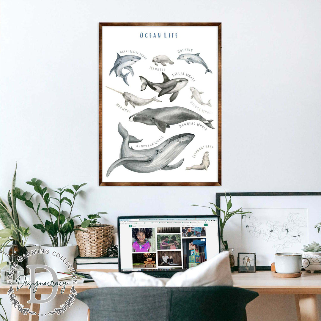 Wood-framed ocean animal poster with 'OCEAN LIFE' header and whale, dolphin artwork