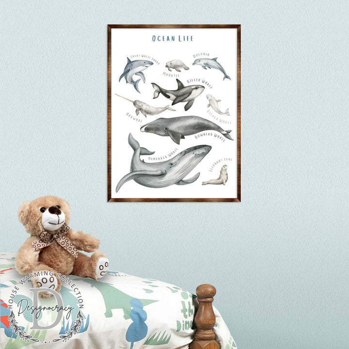 Wood-framed ocean life poster with gray whales, dolphins, and seals