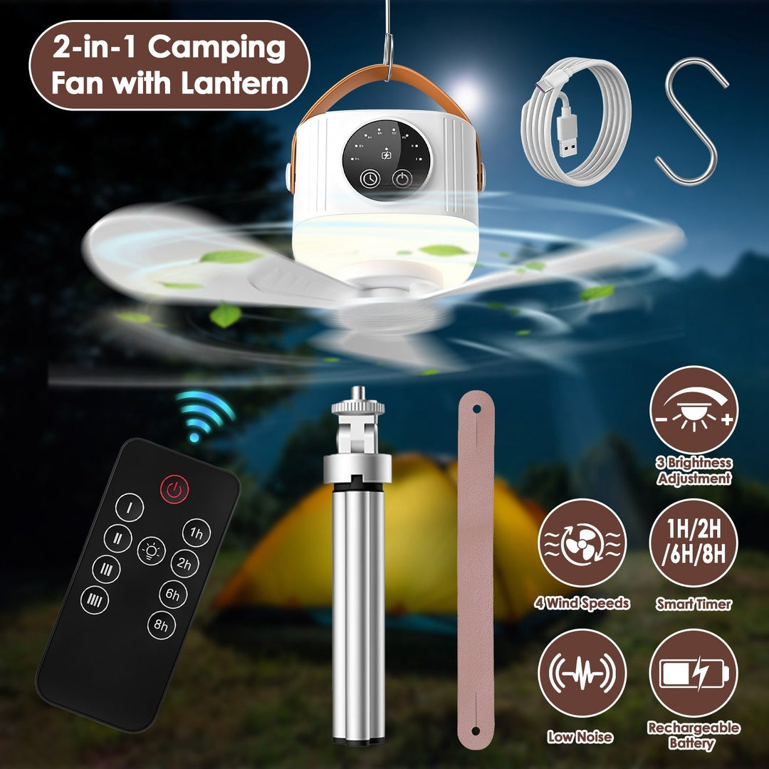 Camping ceiling fan with lantern attachment, remote, charging battery, and hook