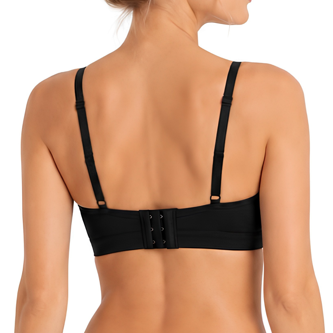 Black nursing bralette back view with adjustable straps and center back clasp