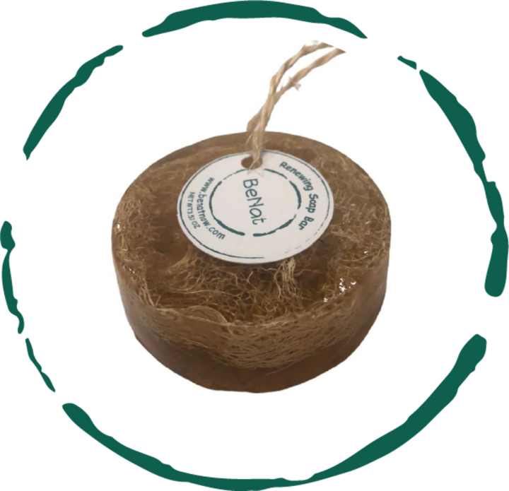 Loofah soap bar on rope with circular BeNat label, brown.