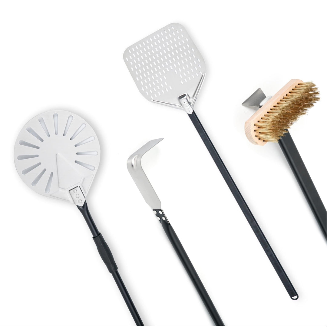 Pizza oven utensil set with perforated peel, scraper, and bristle brush