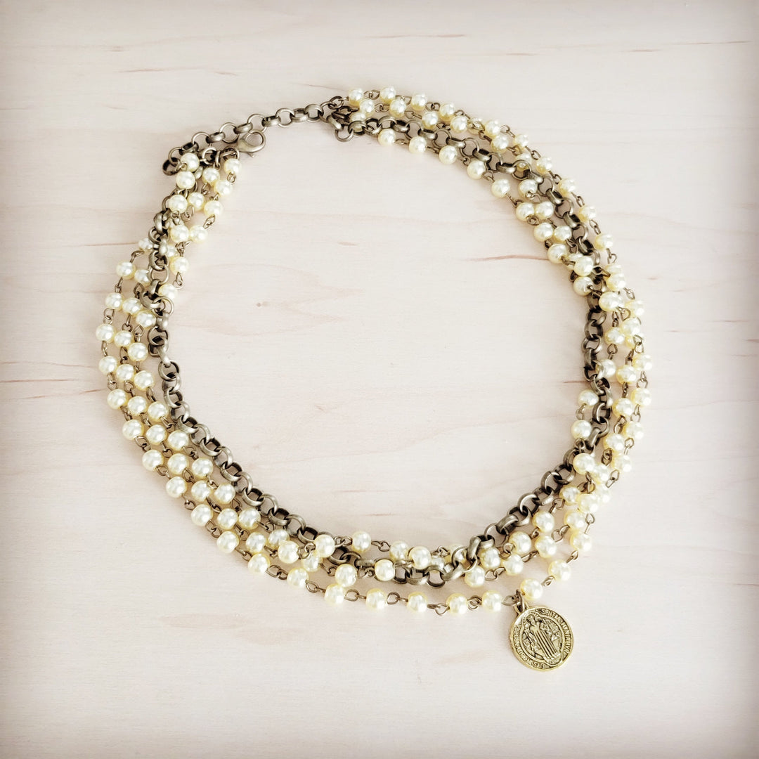 Champagne pearl beaded collar necklace with layered beads and round coin pendant