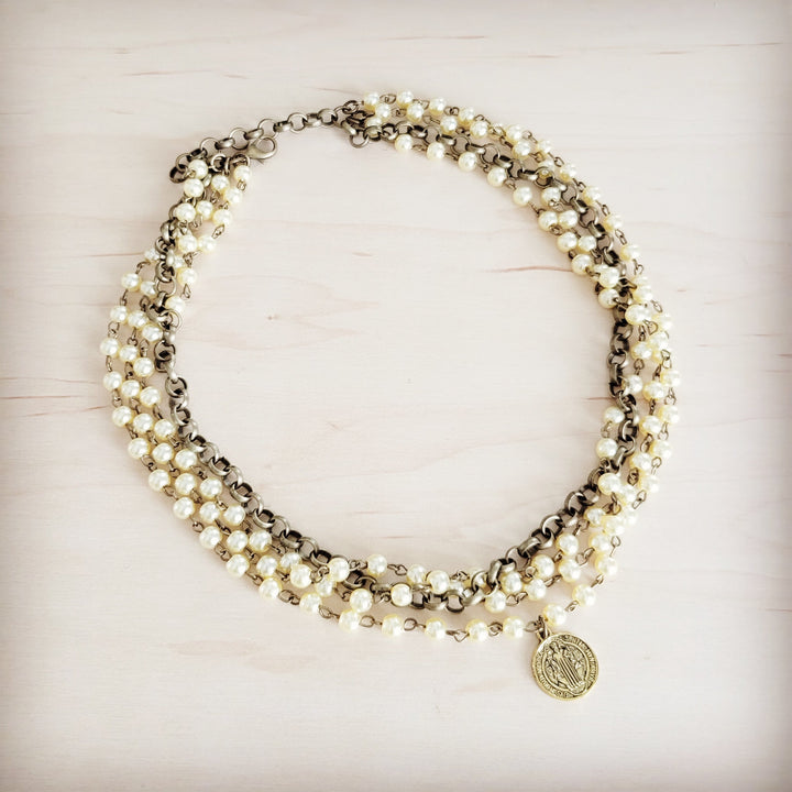 Champagne pearl beaded collar necklace with layered beads and round coin pendant