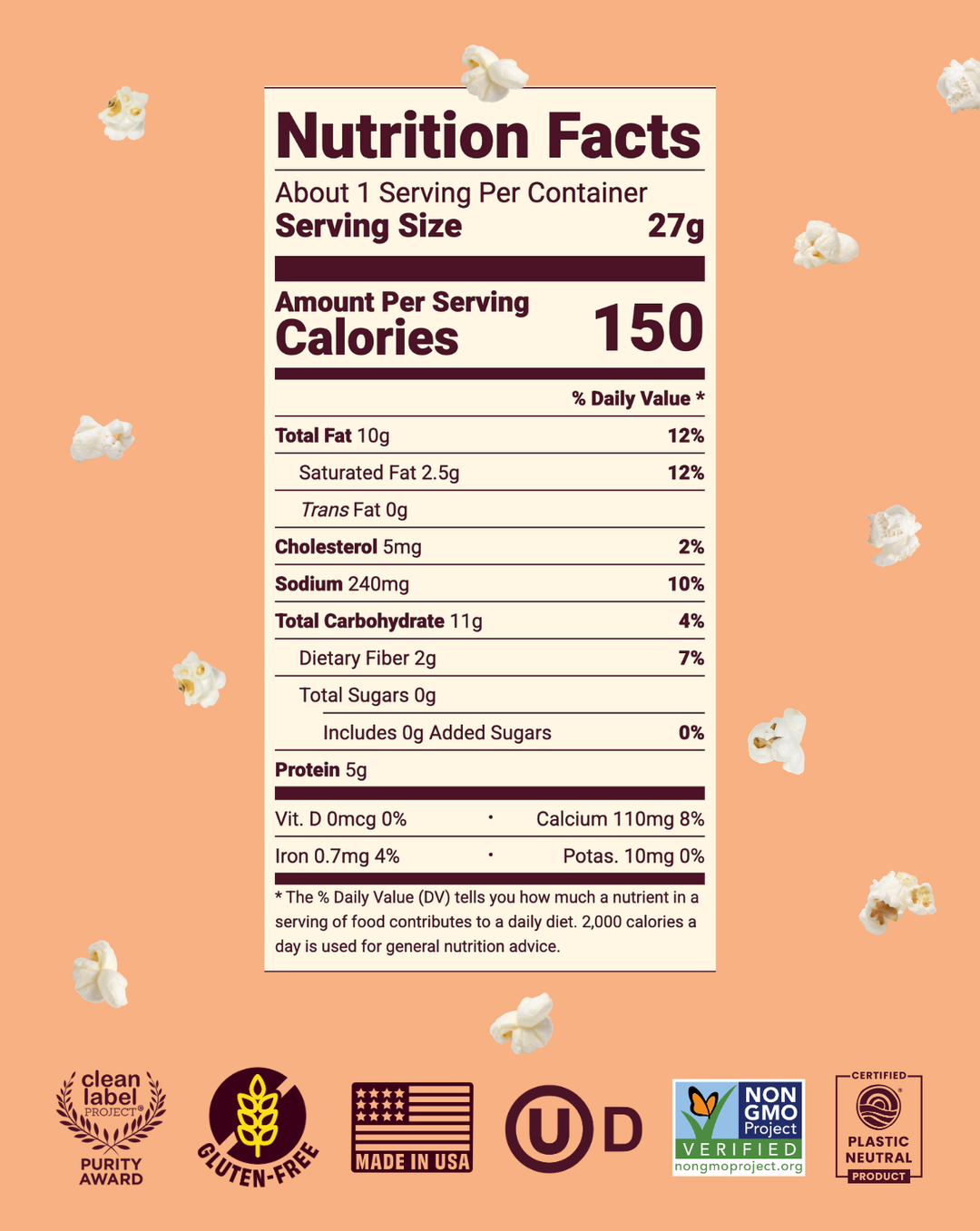 Nutrition Facts panel for popcorn snack, serving size 27g and 150 calories