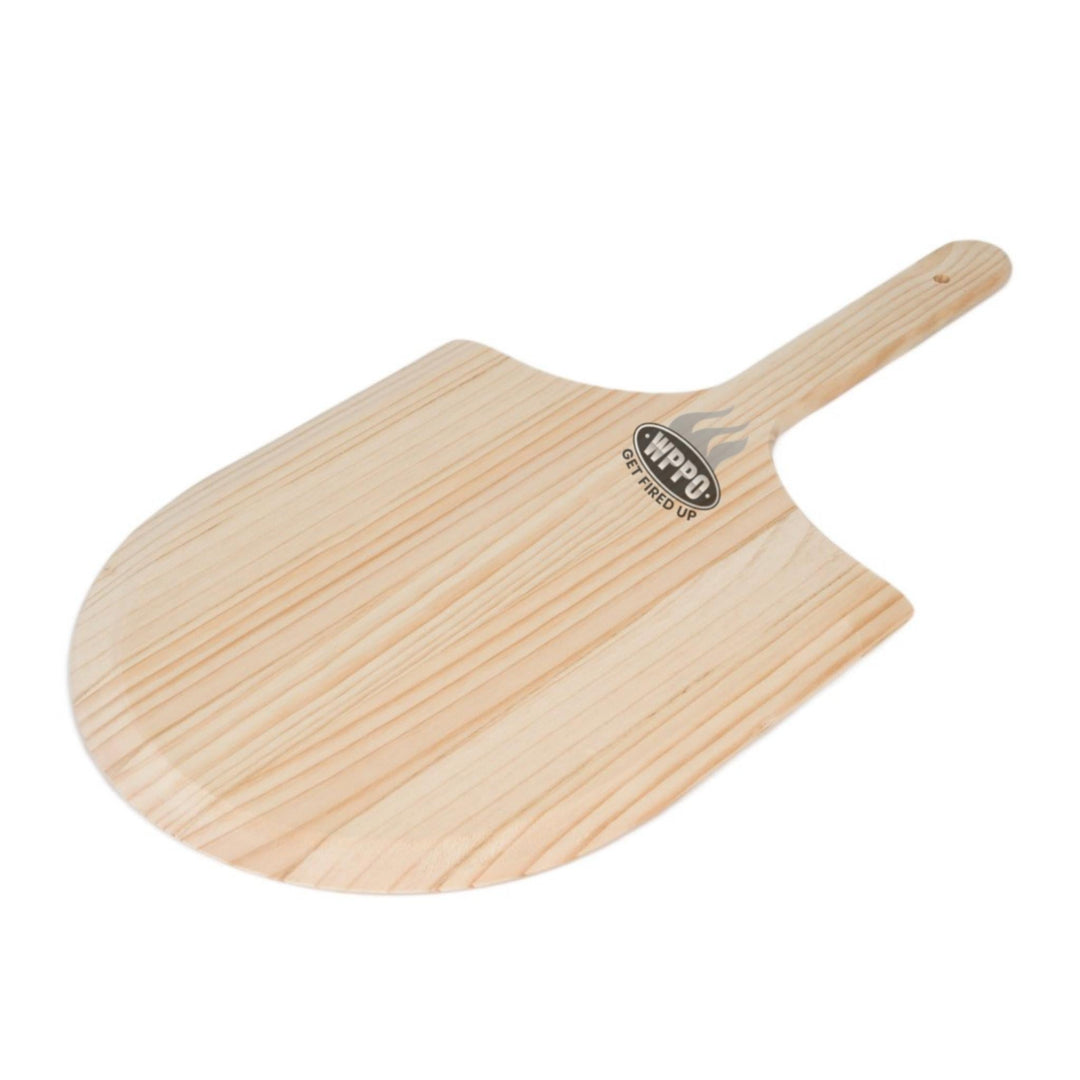 Light wood pizza peel with curved handle and oval paddle, stamped logo on front.