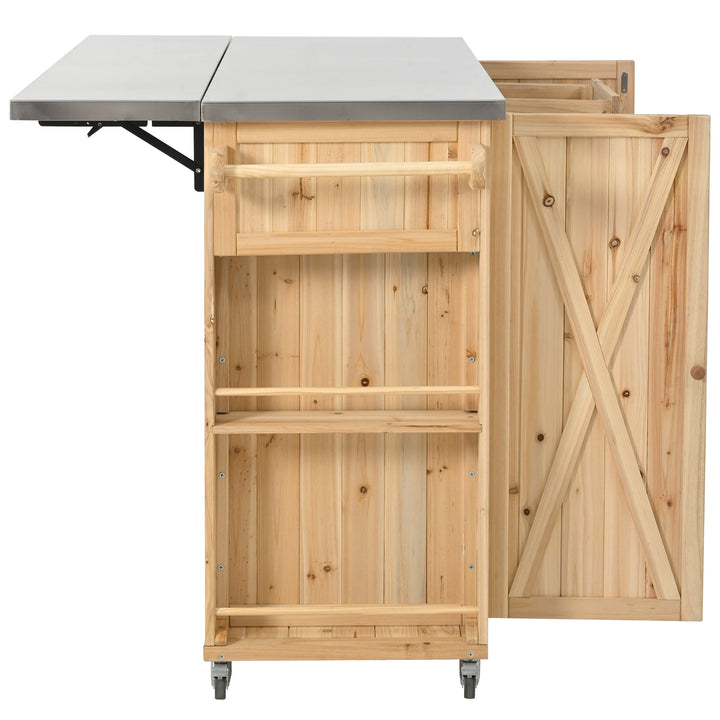Fir Wood Kitchen Island with Stainless Steel Top