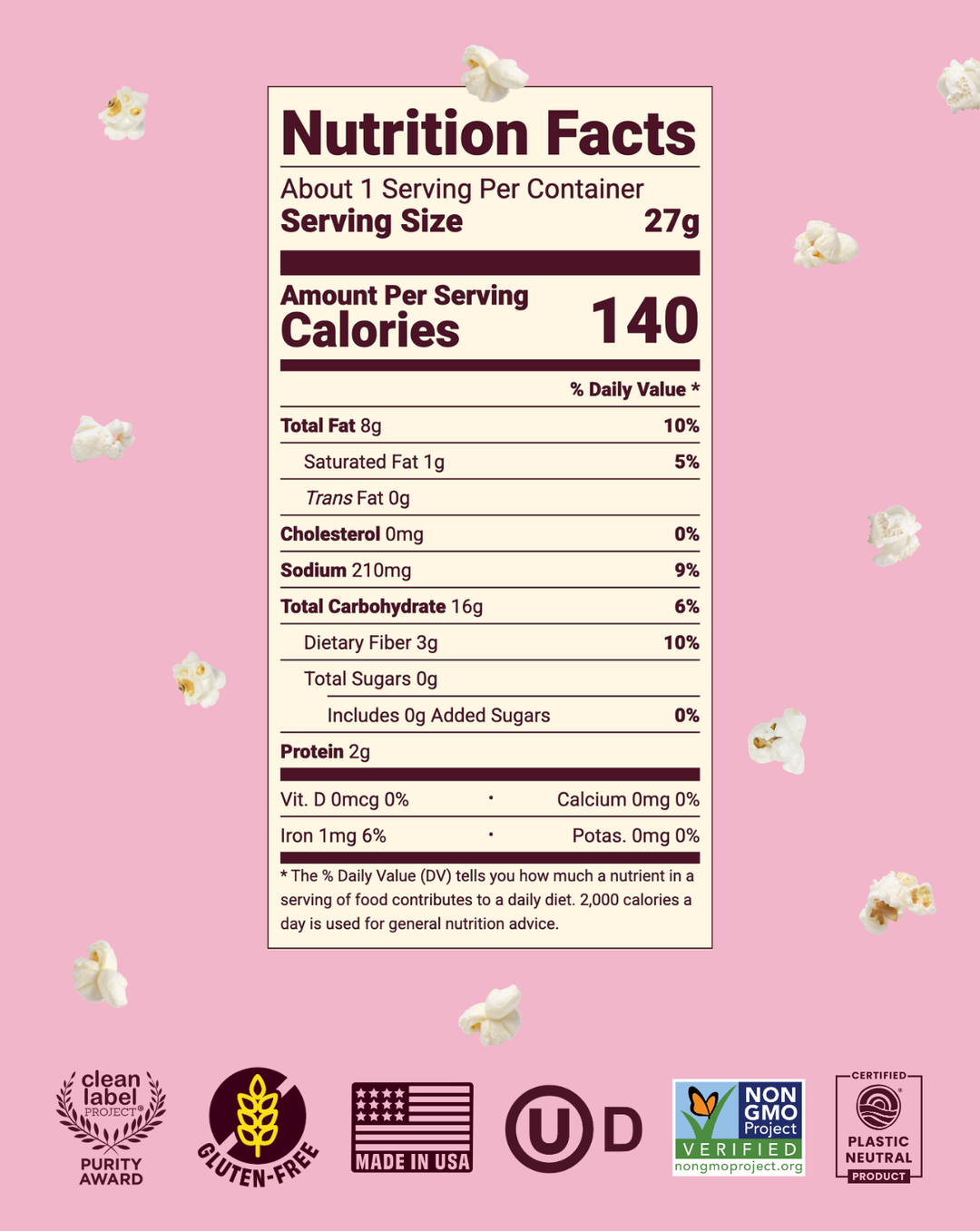 Nutrition Facts label for popcorn with serving size 1 cup and calories 140.