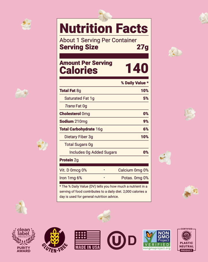 Nutrition Facts label for popcorn with serving size 1 cup and calories 140.