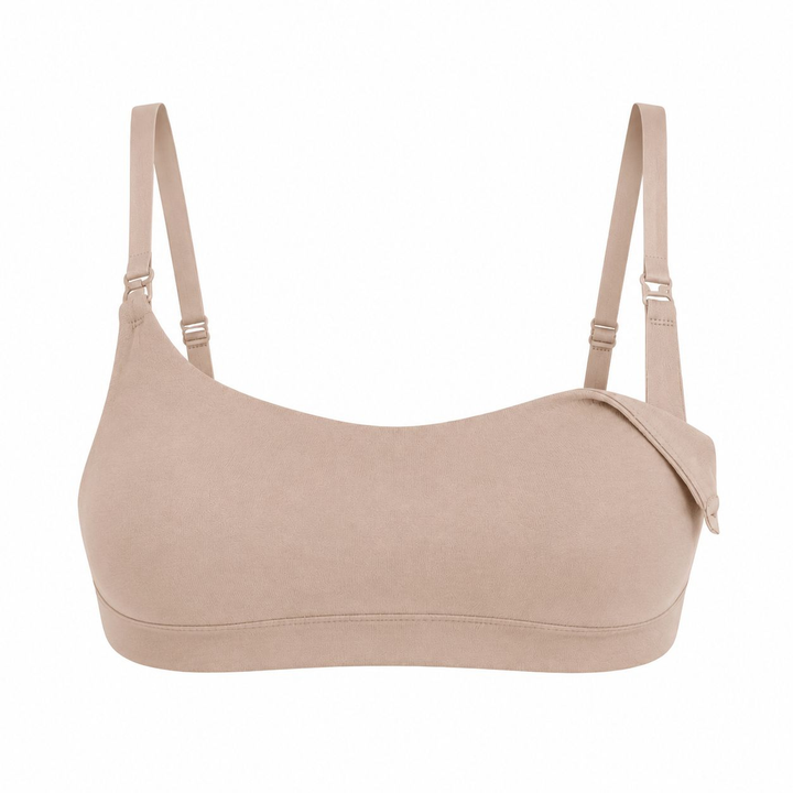 Mocha nursing bralette with adjustable straps, curved underband, and small nursing flap
