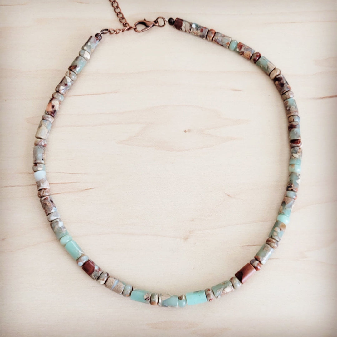 Turquoise and cream barrel beaded collar necklace with copper chain clasp
