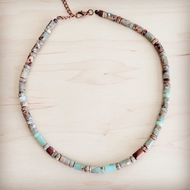 Turquoise and cream barrel beaded collar necklace with copper chain clasp