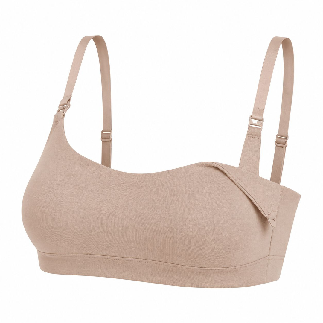 Mocha nursing bralette front view with adjustable straps and nursing flap detail