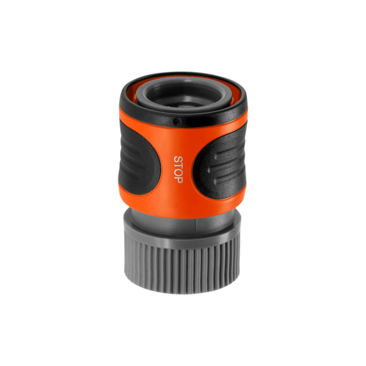 Orange and black garden hose quick-connect with water stop and textured grip