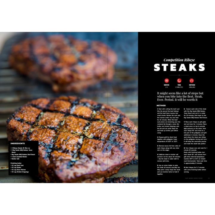 Open cookbook spread featuring steak recipe page and grilled steak photo