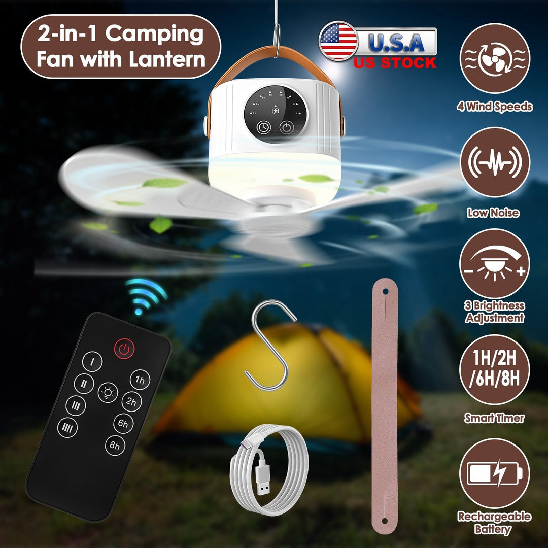 Camping tent ceiling fan with LED lantern cover, remote control, hanging hook, and charging cable