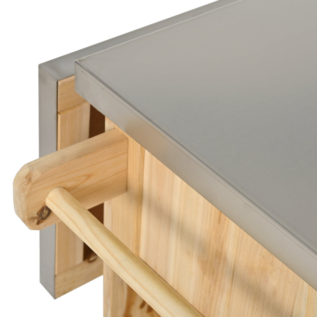 Fir Wood Kitchen Island with Stainless Steel Top