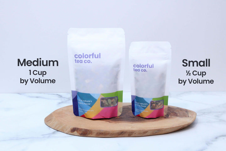Chopped ginger pouches, colorful tea co, medium and small sizes