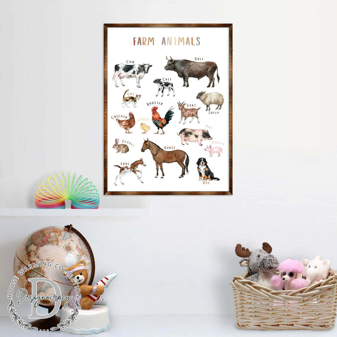 Framed farm animals wooden poster featuring cow, bull, rooster, pig, dog, and horse illustrations