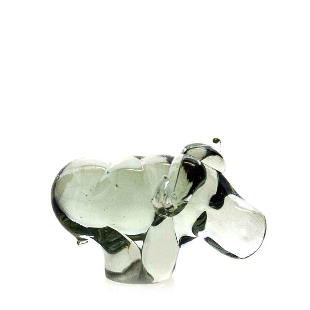 Recycled glass buffalo figurine, clear glass with dark patch and curled trunk