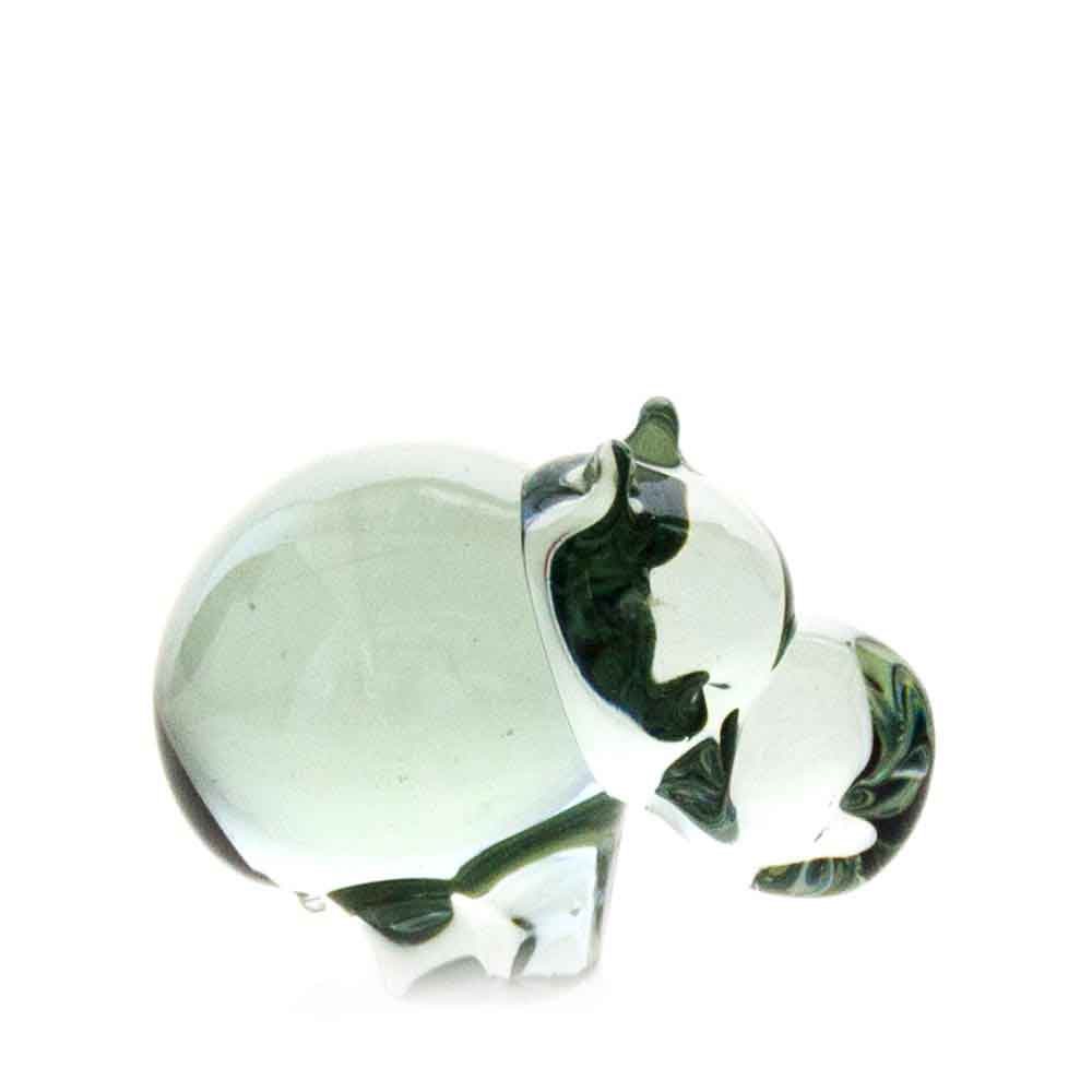 Green glass hippo figurine, angled view with glossy surface and sculpted legs