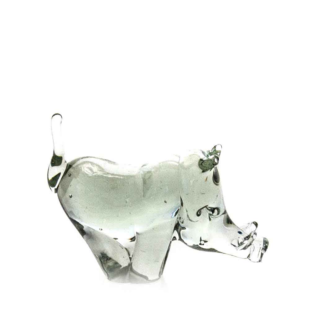 Pale green recycled glass warthog figurine, close side view with raised snout.