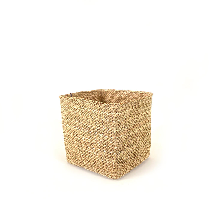 Square natural-fiber basket with open top, compact cube shape