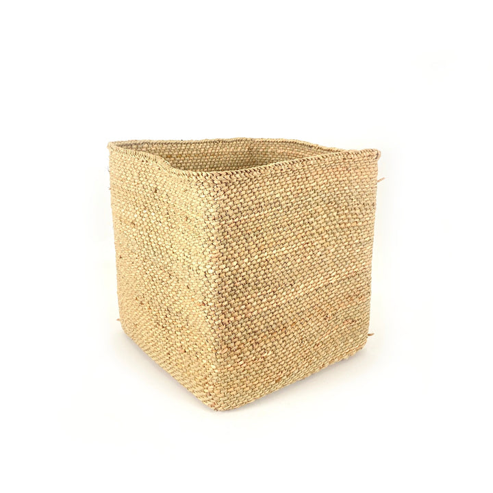 Square woven basket with open top, natural tan color and textured weave