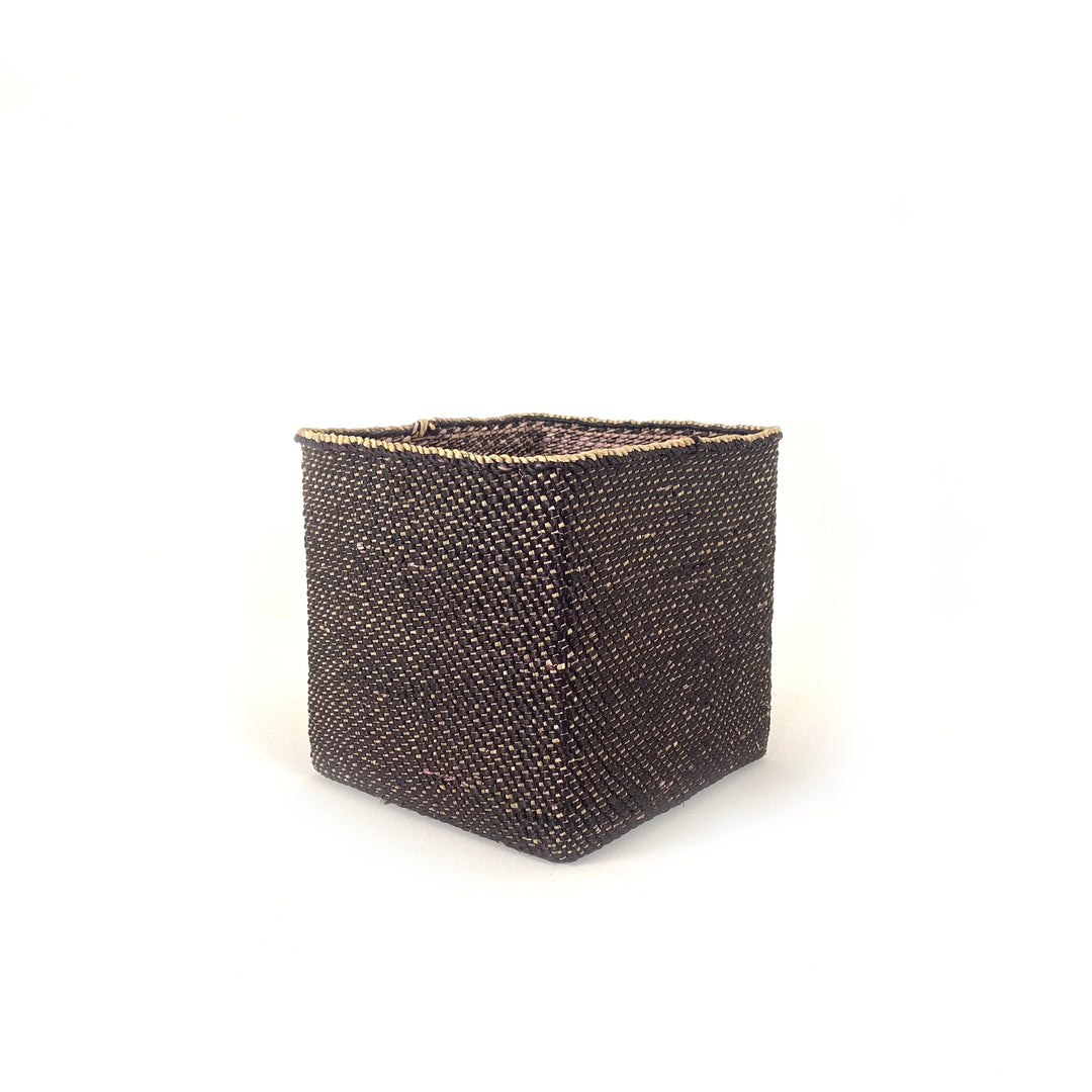 Square woven basket with dark tan-flecked weave and straight sides