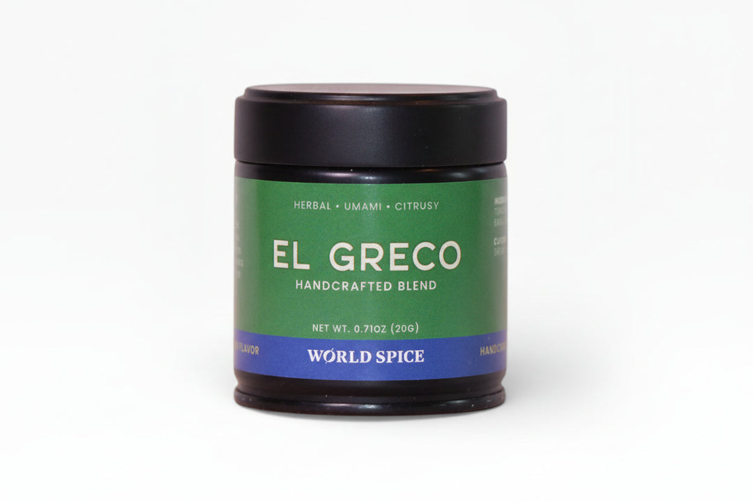 EL GRECO handcrafted blend spice jar, black lid and green label