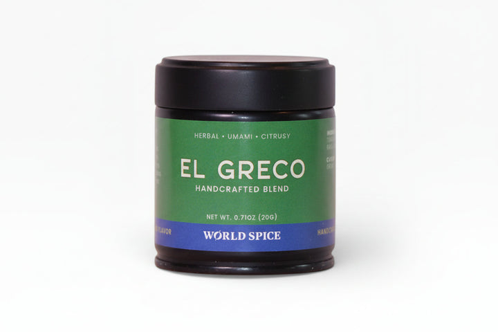 EL GRECO handcrafted blend spice jar, black lid and green label