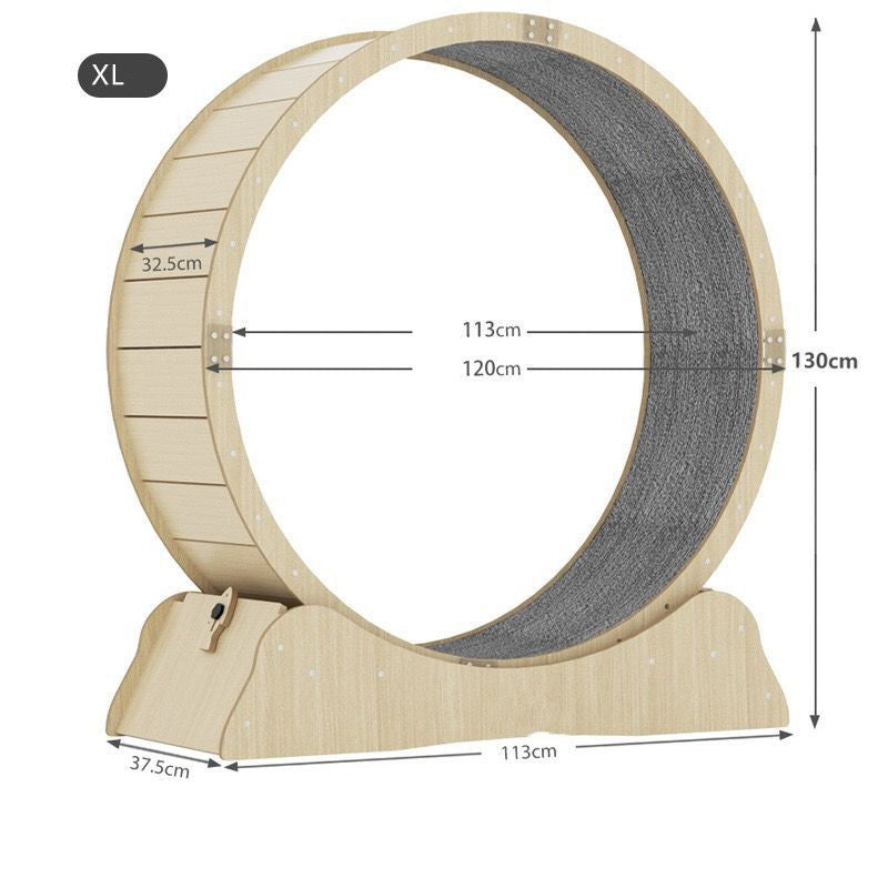 Cat treadmill wheel size XL diagram: 113cm diameter, 130cm height, 113cm base