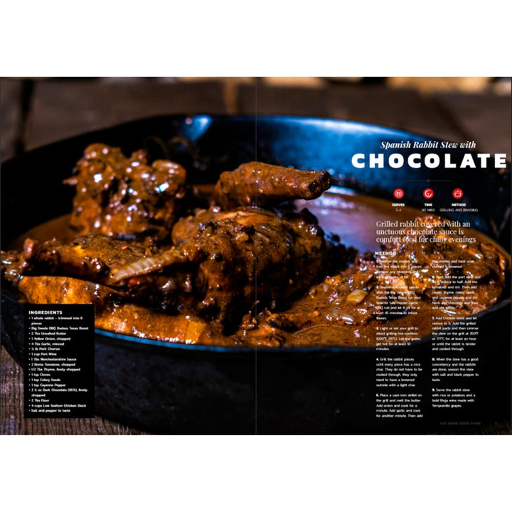 Open cookbook spread showing chocolate meat recipe page with dark sauce photo