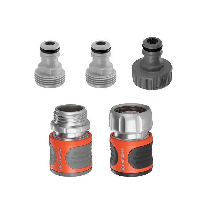Premium hose connector set with metal threaded ends and orange-gray quick coupler