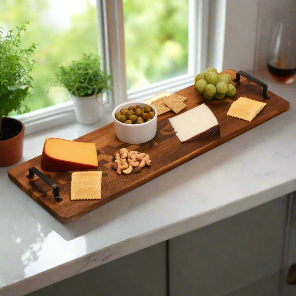 Acacia serving tray with metal handles, long rectangular acacia wood board