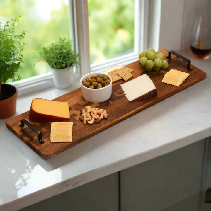 Acacia serving tray with metal handles, long rectangular acacia wood board