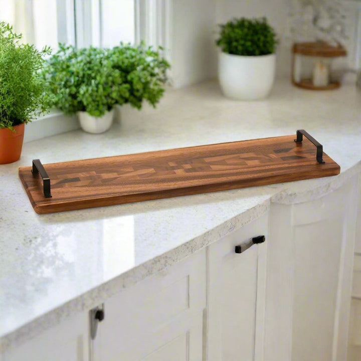Acacia serving tray with metal corner handles, rectangular wood board