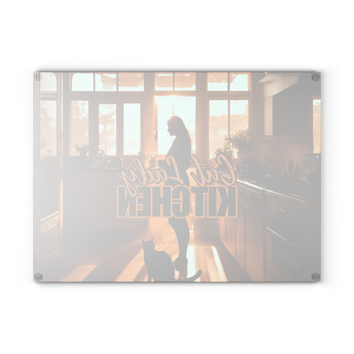 Sunset Cat Lady Kitchen Glass Cutting Board
